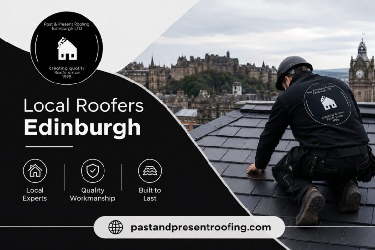 A Local Roofer from Past and Present Roofing Edinburgh, Scotland, inspecting traditional slate roof tiles.