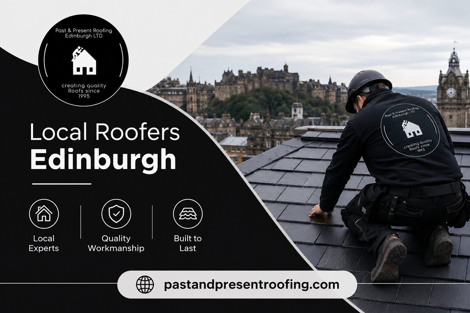 A Local Roofer from Past and Present Roofing Edinburgh, Scotland, inspecting traditional slate roof tiles.