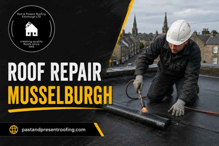 Roofer repairing a residential roof in Musselburgh, Scotland